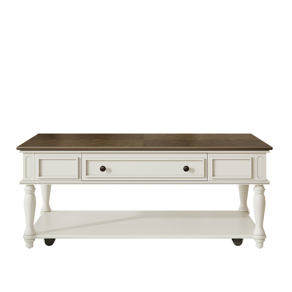 English Elm Farmhouse Retro Coffee Table with Lockable Wheels, One Drawer & Lower Shelf, Solid Wood Legs, Durable Finish Grey+White N721P307935E