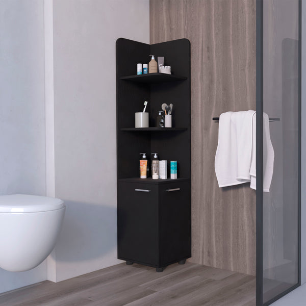 English Elm Sunriver White Corner Cabinet with 3-Tier Open Shelves and Two-Door Storage, Metal Handles, Space-Saving Design B128P203049