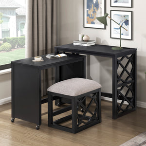 English Elm Desks 3-Piece Set with Rolling Small Desk, Upholstered Stool & Large Stationary Desk for Compact Workspaces Black 38.5 L x 21.5 W x 17.5 H B011P287465