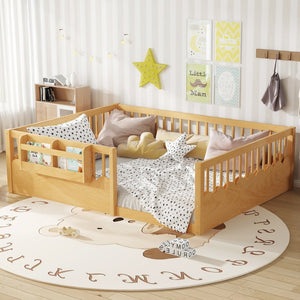 English Elm Queen Low Profile Kids Floor Bed with Guardrails Bookshelf and Pine Wood Frame Natural W1580P373143