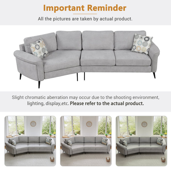 English Elm 111" Upholstered 3-Seater Sofa with Curved Ergonomic Arms, Metal Legs & Removable Patterned Pillows Gray N719S001800E