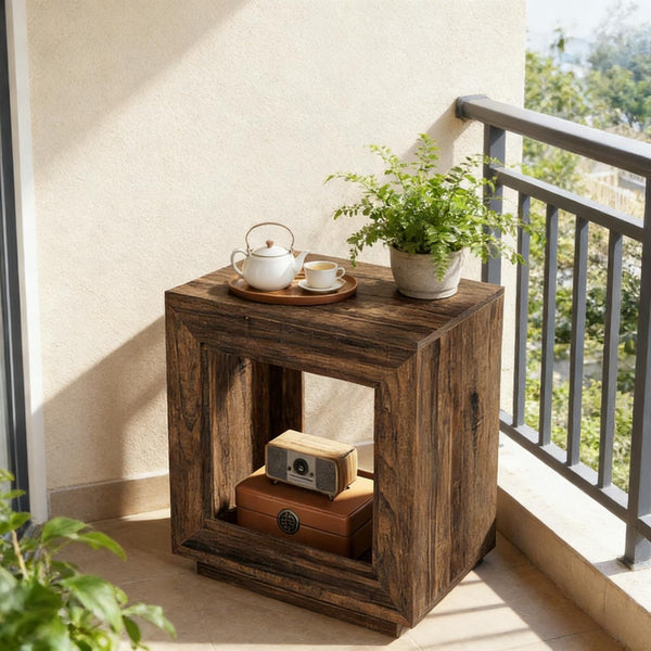 English Elm Modern Two Tier End Table Black Metal Frame Wood Grain Surface for Living Room T3971P451574