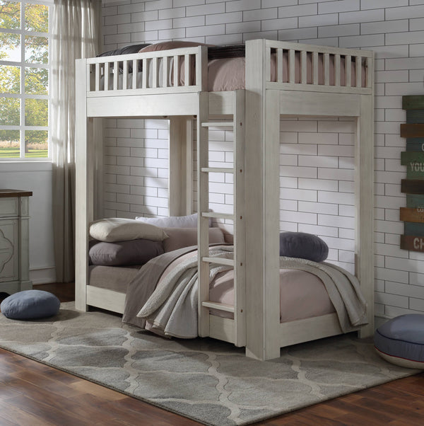 English Elm Cedro Twin/Twin Bunk Bed in Weathered White Finish with 14+14 Slats, Fixed Ladder, 660lb Capacity B2726S00504