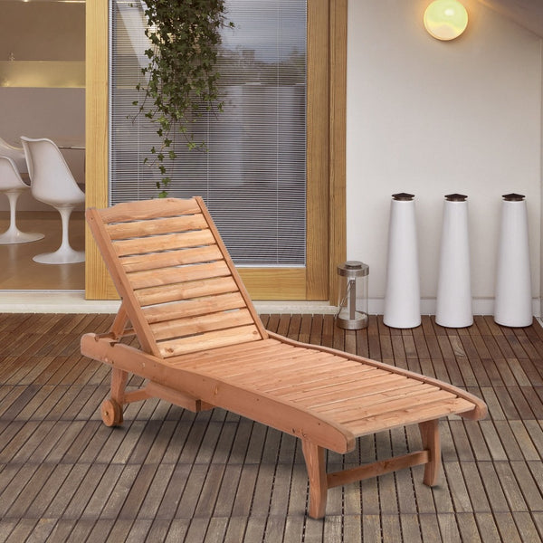 English Elm Outsunny Adjustable Outdoor Chaise Lounge Chair With Pull-Out Table, Rolling Wheels & Wood Finish W2225P200447-GIGA