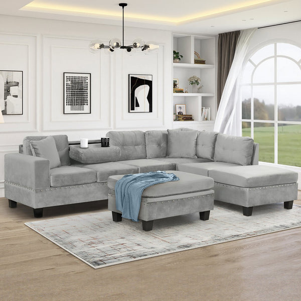 English Elm 105" Modern Velvet Sectional Sofa with Storage Ottoman, Reversible Chaise, Cup Holders & Pillows Gray N719S000580E