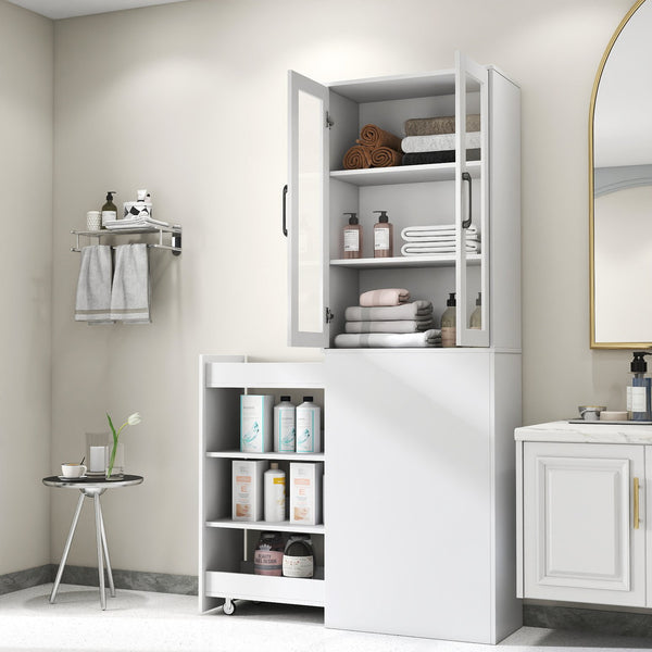 English Elm 70.87" Modern Display Storage Cabinet with 4-Tier Pull-Out Shelves, Dual Glass Doors for Home White W331P295245