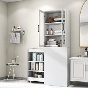 English Elm 70.87" Display Storage Cabinet with 4-Tier Pull-Out Shelves and Glass Doors for Kitchen & Living Room White W331P295245