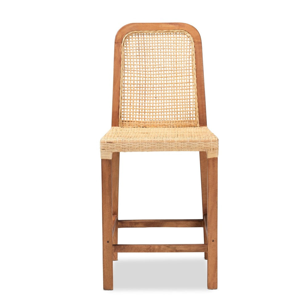 English Elm Mid-century Modern Mahogany Wood Counter Stool with Woven Rattan Back Panel B2750P470061