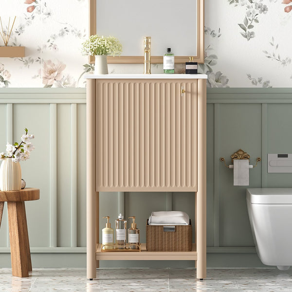 English Elm 20-inch French Style Bathroom Vanity with Integrated Ceramic Sink, Carved Accents & Soft-Close Door Cream White N710P330975Y