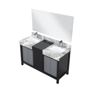 English Elm Black Double Bath Vanity 55" W With Castle Grey Marble Top, Chrome Faucet & 53" Mirror Included B2731S01028