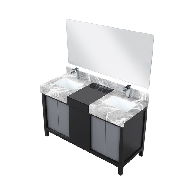 English Elm Black Double Bath Vanity 55" W With Castle Grey Marble Top, Chrome Faucet & 53" Mirror Included B2731S01028