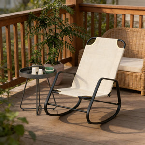 English Elm Relaxing Sling Fabric Outdoor Rocking Chair with Steel Frame for Porch or Poolside Deck T3971P445266
