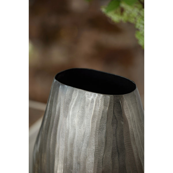 English Elm 9.5x5.5x12" Aluminum Layered Chisel Oval Vase — Smoke Silver Metallic Finish, Vertical Texture Centerpiece Decor W2078P316485