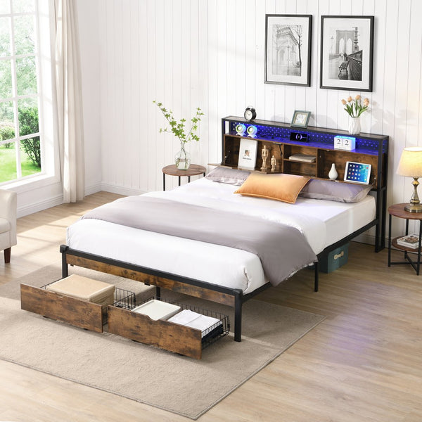 English Elm Queen Metal Platform Bed Frame with Wooden Headboard & Footboard, USB/Outlets, LED Remote, 2 Drawers, 600LB Limit, Black-Brown W2297P236942