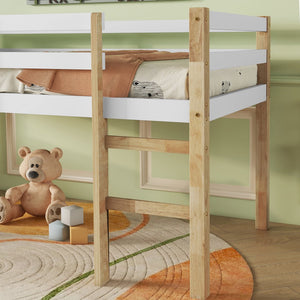 English Elm Solid Twin Loft Bed Natural-White Rubberwood with Ladder, Strengthened Slats, Storage-Ready Design W504P233031