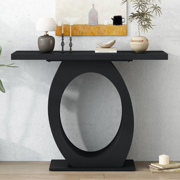 English Elm Mirod Sculptural Console Table Acacia Veneer Gloss Top Egg Base Entryway Accent Black N760P214780B