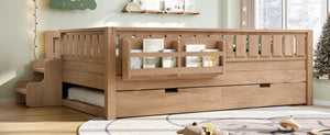 English Elm Twin Kids Platform Bed with Trundle Staircase Bookshelf and Rounded Safety Rails Natural W1580S00561