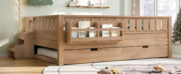 English Elm Twin Kids Platform Bed with Trundle Staircase Bookshelf and Rounded Safety Rails Natural W1580S00561