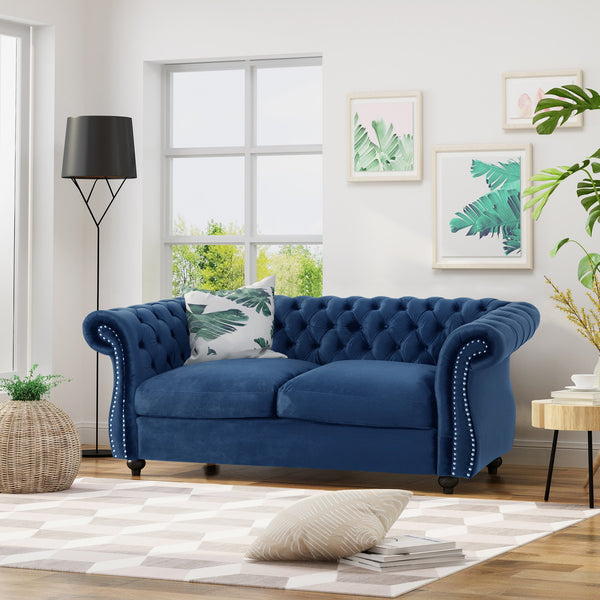 English Elm Christopher Knight Home® - LOVESEAT Plush Velvet Tufted Diamond Stitch with Nailhead Trim and Scrolled Arms for Luxe Comfort Navy Blue 63045.00NVLTNBLU