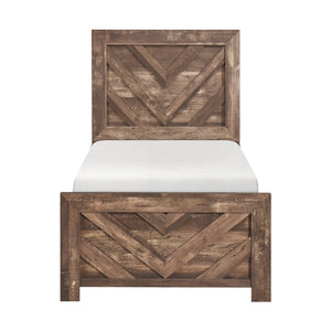 English Elm Rustic Queen Panel Bed with V-Pattern Headboard, 3D Paper Veneer Wood Look, Boxed Easy Assembly Rustic Brown 45.25 L x 40.25 W x 6.5 H B011P250475