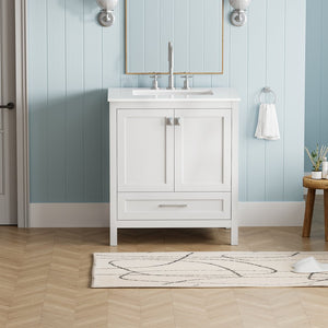 English Elm 30" Freestanding Grey Vanity Solid Wood Cabinet Carrara Marble Top Ceramic Sink W1573P237851