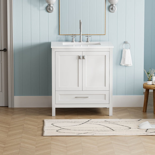 English Elm 30" Freestanding Grey Vanity Solid Wood Cabinet Carrara Marble Top Ceramic Sink W1573P237851