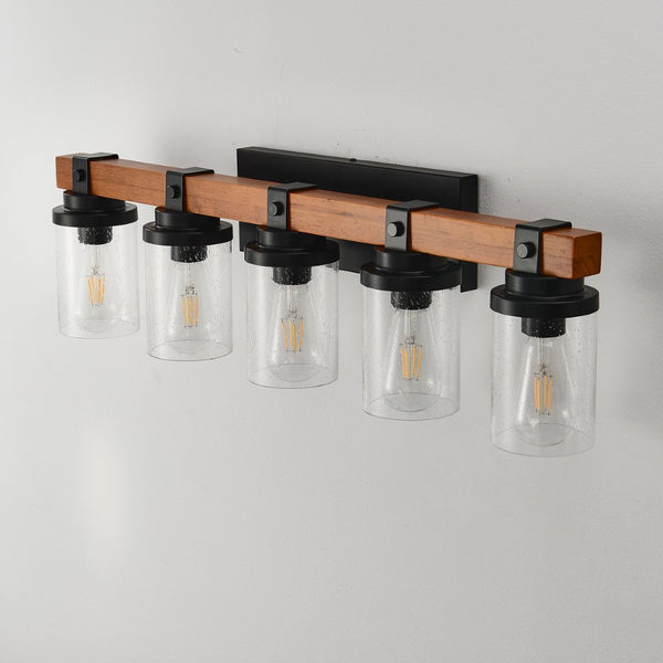 English Elm 5-light Matte Black Wood Accent Vanity Bar with Clear Glass Shades for Bath or Kitchen W5008P388945