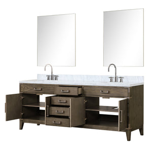 English Elm Grey Oak Double Bath Vanity With Carrara Marble Top, Faucets, & 36" Mirrors - Elegant Storage Solution B2731S01884