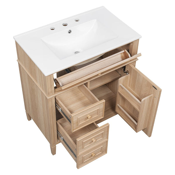 English Elm "30'' 30 Inch Freestanding Bathroom Vanity Solid Pine Cabinet Ceramic Sink Soft Close Storage N725P375498T