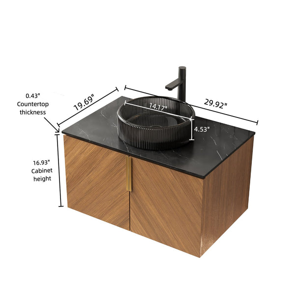 English Elm Arai 30" Modern Wall-Mounted Bathroom Vanity With Sink, Elegant Black Glass & Oak Storage Cabinet W2615S00311