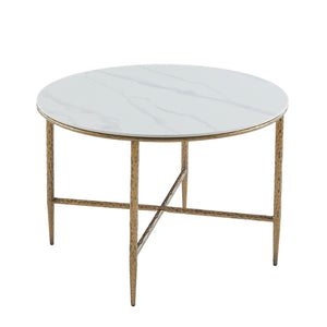 English Elm Sintered Stone Square Dining Table with Hand Hammered Iron X Base Artisan Craft Forged Brass N771P400389Z
