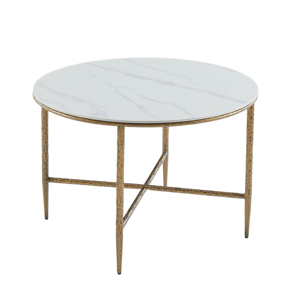 English Elm Sintered Stone Square Dining Table with Hand Hammered Iron X Base Artisan Craft Forged Brass N771P400389Z