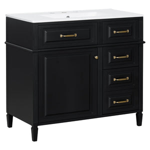 English Elm 36-Inch Bathroom Vanity With Ceramic Sink Top, Adjustable Shelf, And Modern Flip Drawer Design For Storage N725P350849B