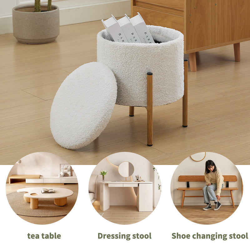 English Elm Modern Round Storage Ottoman with Removable Lid and Metal Base — Versatile Foldable Footstool for Cozy Living Spaces White W2725P209385