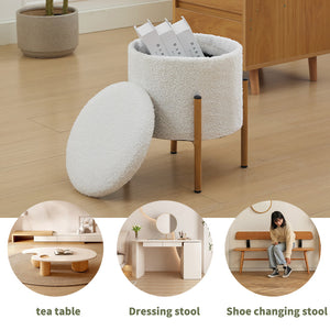 English Elm Modern Round Storage Ottoman with Removable Lid and Metal Base — Versatile Foldable Footstool for Cozy Living Spaces White W2725P209385