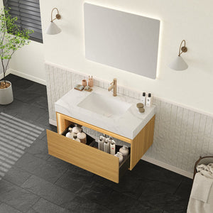 English Elm NYAH Floating 36" Bathroom Vanity with Sintered Stone Top, Ceramic Undermount Basin, LED Sensor Lighting and Soft-Close Drawer System Carrara White,Light Oak W2615S00366