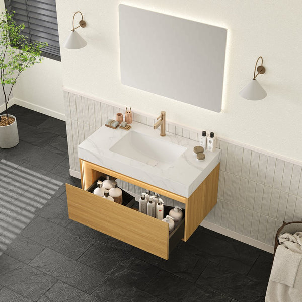 English Elm NYAH Floating 36" Bathroom Vanity with Sintered Stone Top, Ceramic Undermount Basin, LED Sensor Lighting and Soft-Close Drawer System Carrara White,Light Oak W2615S00366