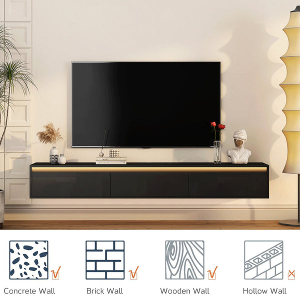 English Elm Floating Wall TV Stand with LED Touch Light, High-Gloss Black Cabinet, 3 Plugs 2 USB Ports, Cord Management W1321P176417