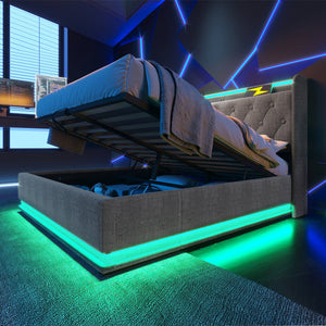 English Elm Queen Upholstered Bed with Surround LED, App/Remote Control, Hydraulic Storage, USB Type-C Charging Gray N736P188807G