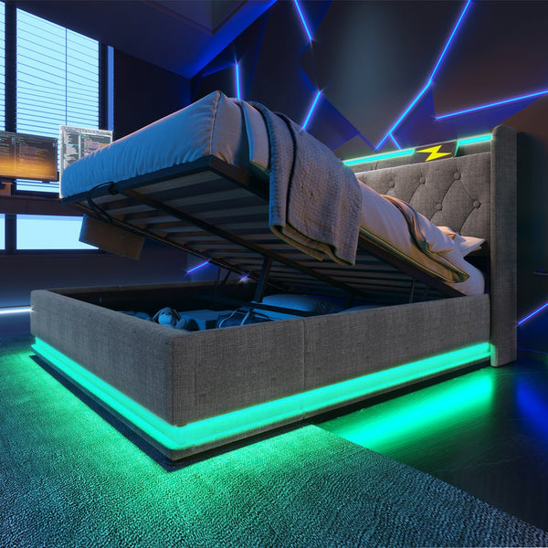 English Elm Queen Upholstered Bed with Surround LED, App/Remote Control, Hydraulic Storage, USB Type-C Charging Gray N736P188807G