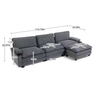 English Elm 113" Modern 3+1 L-Shaped Corduroy Sofa with Double-Layer Cushions, Cup Holders & Storage Bags DARK GREY W2715S00004