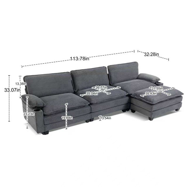 English Elm 113" Modern 3+1 L-Shaped Corduroy Sofa with Double-Layer Cushions, Cup Holders & Storage Bags DARK GREY W2715S00004