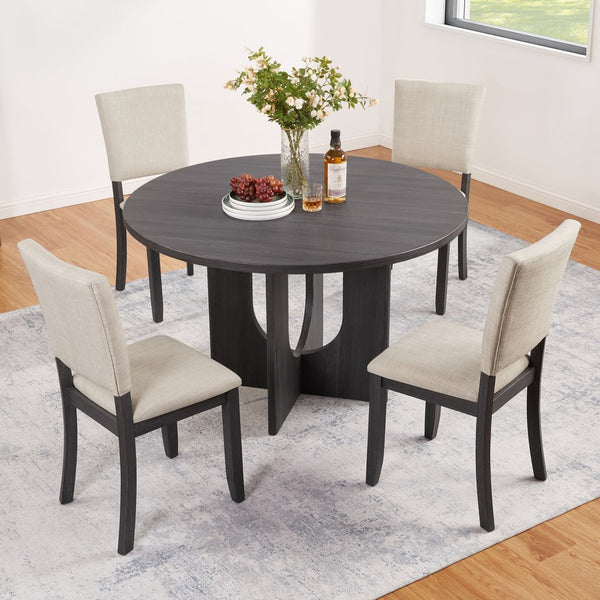 English Elm 47.3" 5-Piece Round Dining Set for 4 - Antique Black Table & Beige Upholstered Chairs, Stable Stylish W1998S00078
