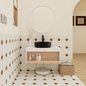 English Elm 30" Floating Wall Mount Bathroom Vanity Open Shelf Ceramic Vessel Sink Modern White Black,White + Light Oak W3450S00057