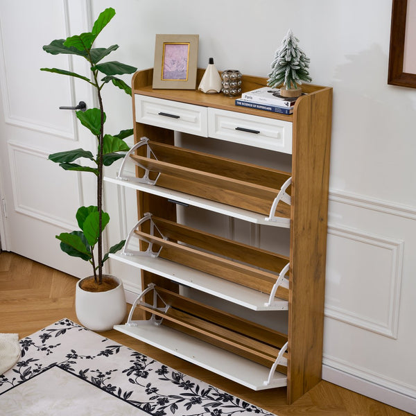 English Elm Two drawer three-fold shoe cabinet with ample vertical shelving, smooth finish, compact entryway storage White+Walnut W3871P368979