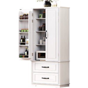 English Elm K&K 71" Farmhouse Pantry Cabinet with Embossed Texture, 2 Drawers, 8 Door Racks, Adjustable Shelves, Anti-Tip Stability Ameican White Oak N707P254905W