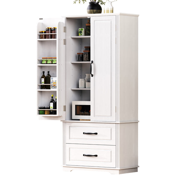 English Elm K&K 71" Farmhouse Pantry Cabinet with Embossed Texture, 2 Drawers, 8 Door Racks, Adjustable Shelves, Anti-Tip Stability Ameican White Oak N707P254905W