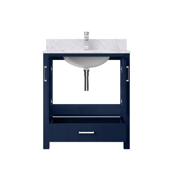 English Elm Navy 30" Bath Vanity with Carrara Marble Top, Soft-Close Drawer, Chrome Faucet & Storage Shelf B2731P259011