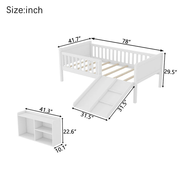English Elm Twin Low Loft Kids Bed with Fun Slide Climbing Structure and Movable Bookshelf White W2593P437109