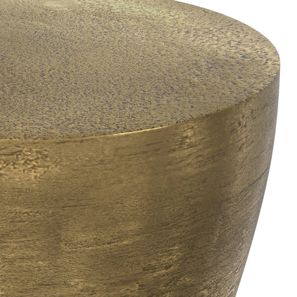English Elm Cavan Cast Aluminum Side Table in Antique Brass — Handcrafted Asymmetrical Drum Accent Table, 21.75" B136P239036